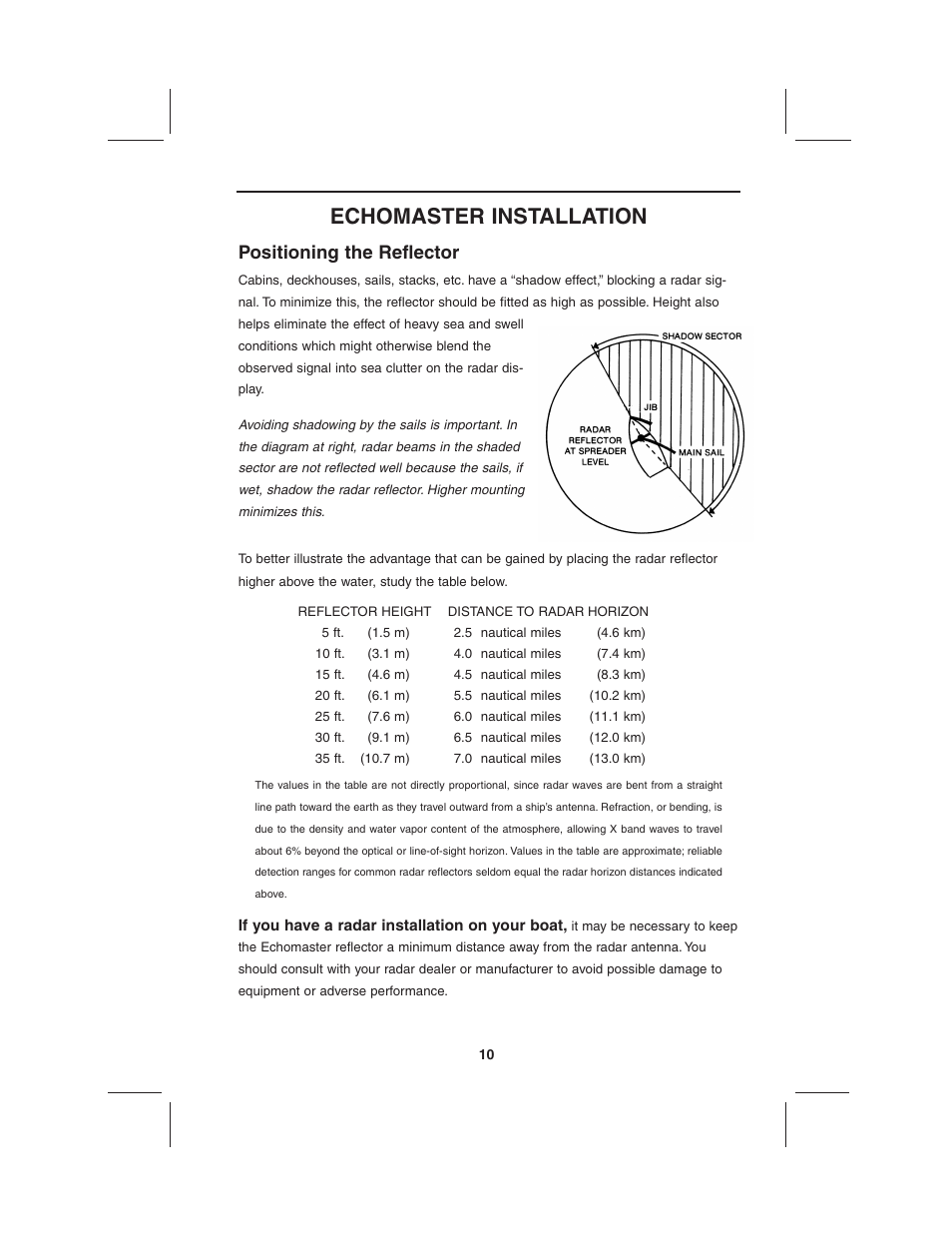 Echomaster installation, Positioning the reflector | DAVIS EchoMaster Radar Reflector User Manual | Page 10 / 16