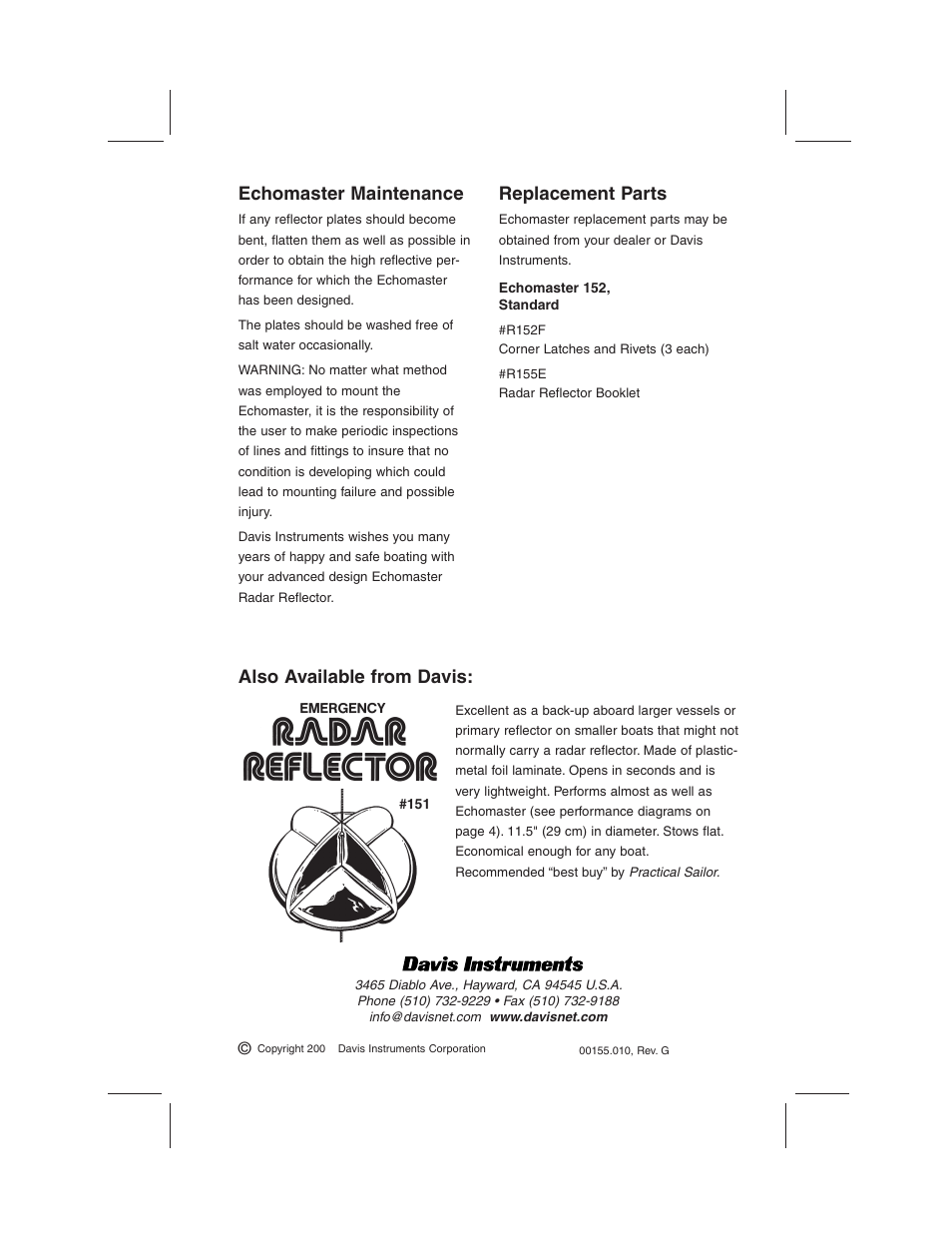 Replacement parts, Echomaster maintenance, Also available from davis | DAVIS EchoMaster Radar Reflector User Manual | Page 16 / 16
