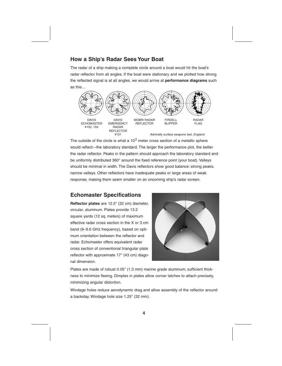 Echomaster specifications, How a ship’s radar sees your boat | DAVIS EchoMaster Radar Reflector User Manual | Page 4 / 16