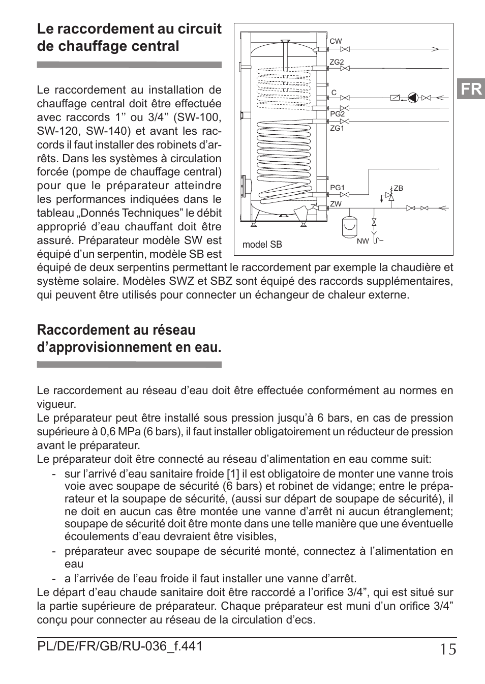 Le raccordement au circuit de chauffage central, Raccordement au réseau d’approvisionnement en eau | KOSPEL SW Termo Max User Manual | Page 15 / 32