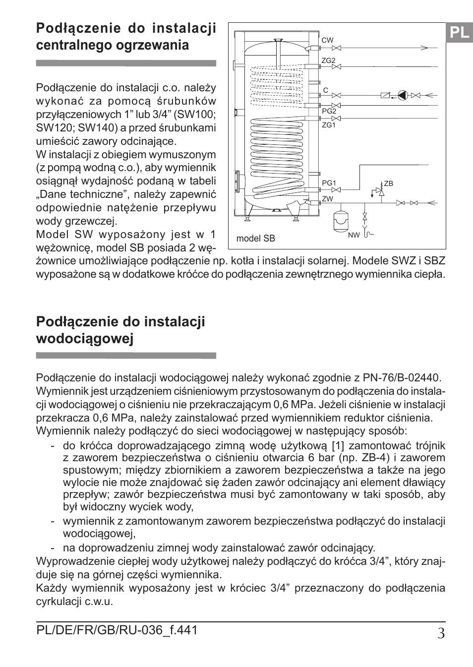 Podłączenie do instalacji centralnego ogrzewania, Podłączenie do instalacji wodociągowej | KOSPEL SW Termo Max User Manual | Page 3 / 32