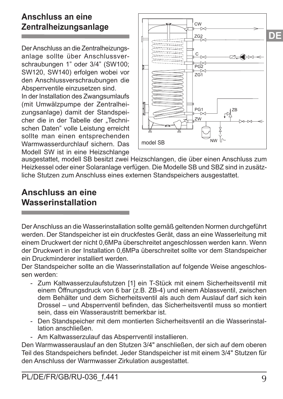 Anschluss an eine zentralheizungsanlage, Anschluss an eine wasserinstallation | KOSPEL SW Termo Max User Manual | Page 9 / 32