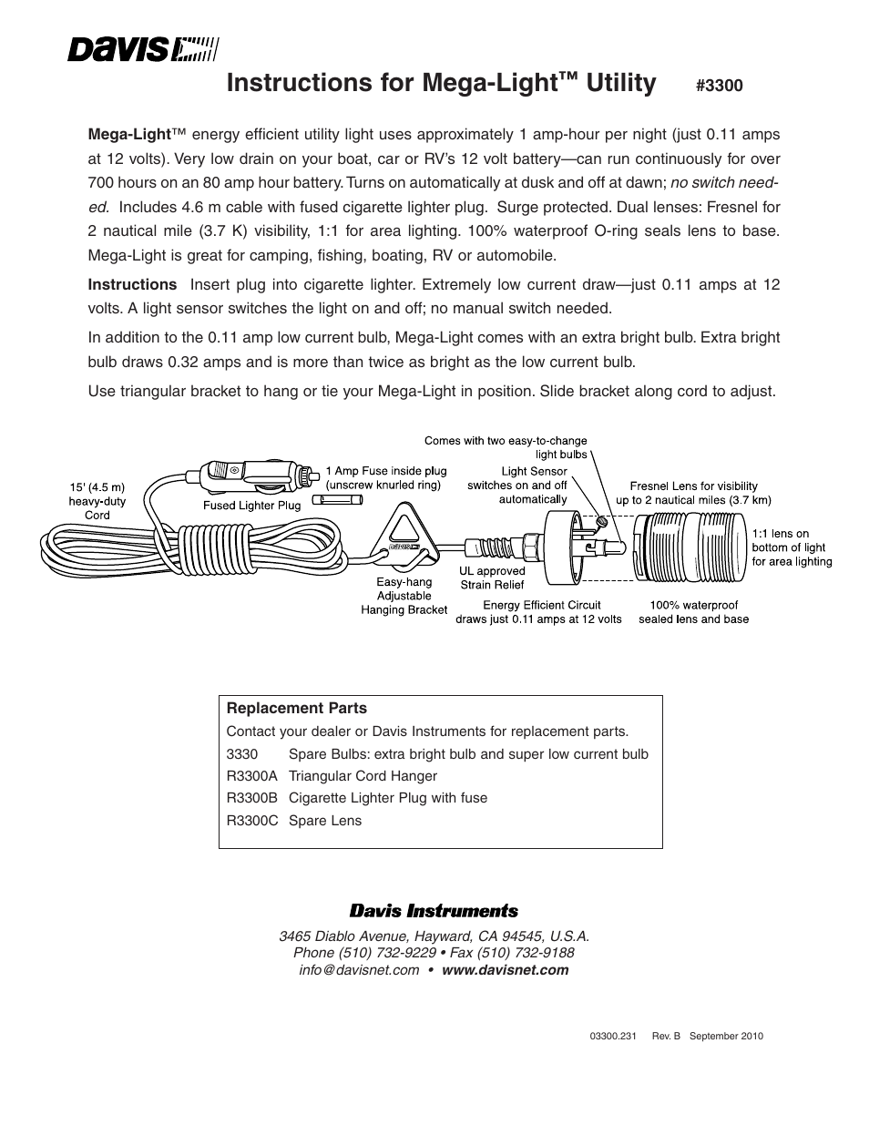 DAVIS Mega-Light Utility User Manual | 1 page