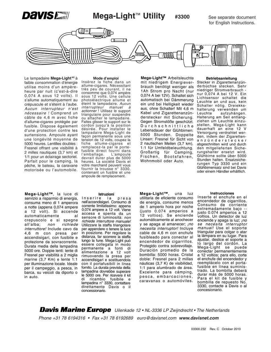 DAVIS Mega-Light Utility User Manual | 3 pages