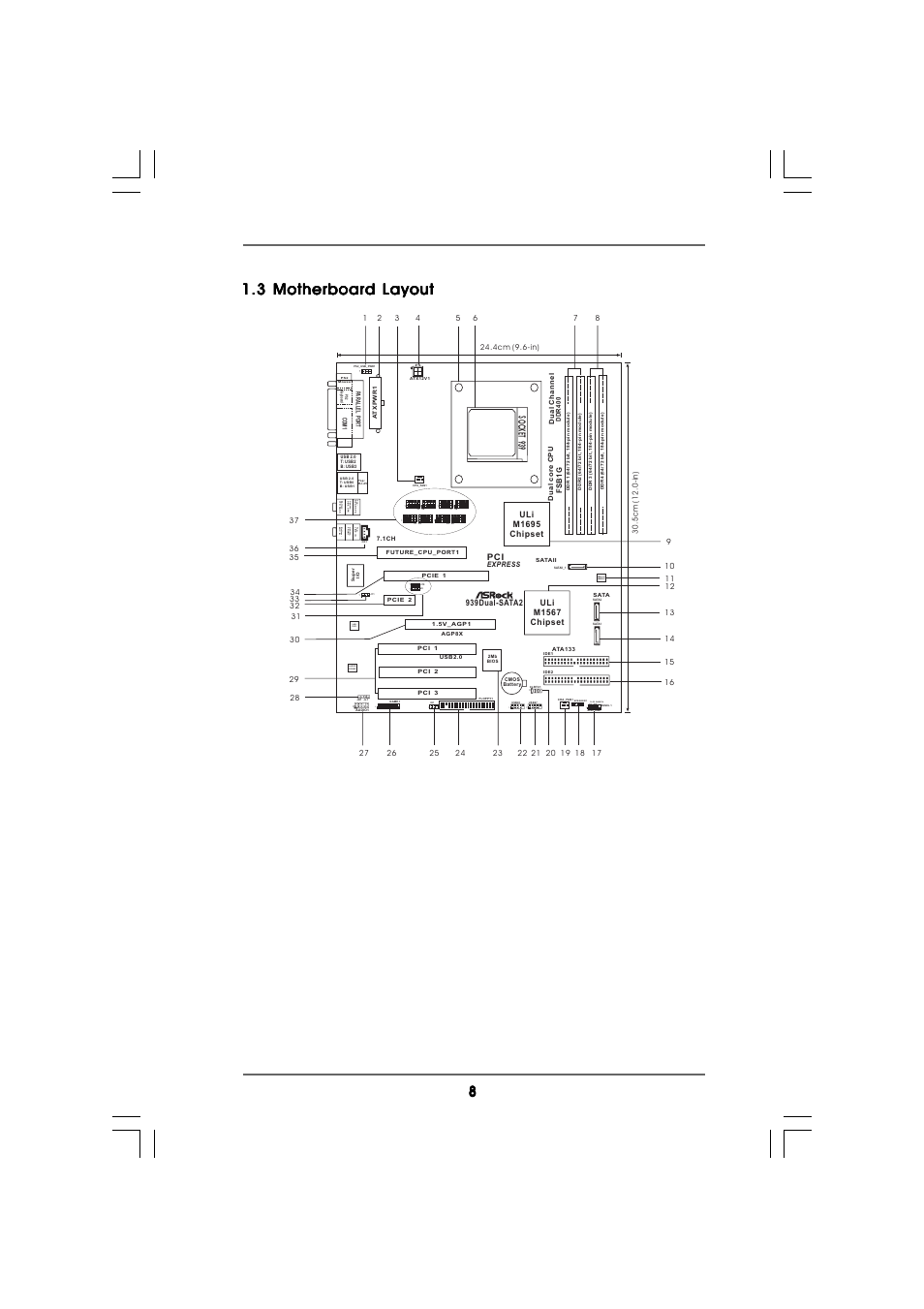 3 motherboard layout, Hdled reset pled pwrbtn, Socket 939 | ASRock 939Dual-SATA2 User Manual | Page 8 / 40