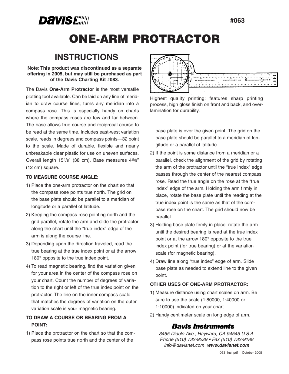DAVIS One-Arm Protractor User Manual | 1 page