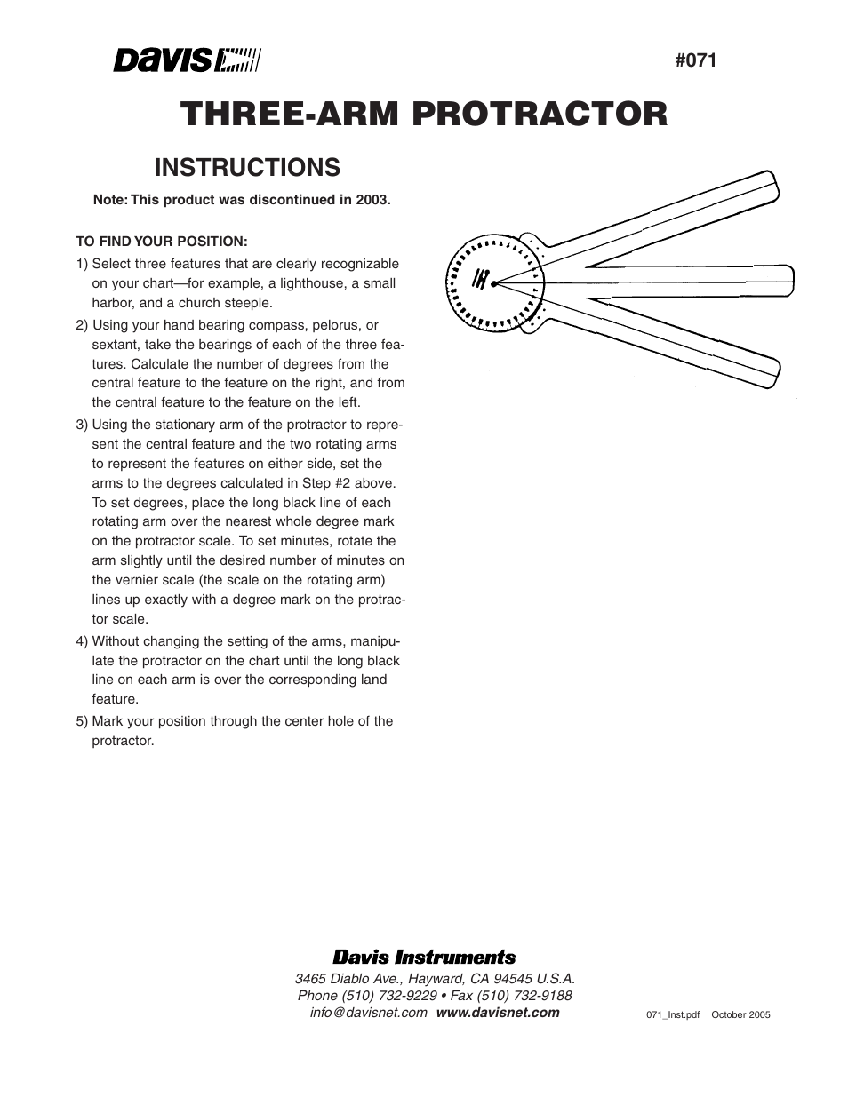 DAVIS THREE-ARM PROTRACTOR User Manual | 1 page