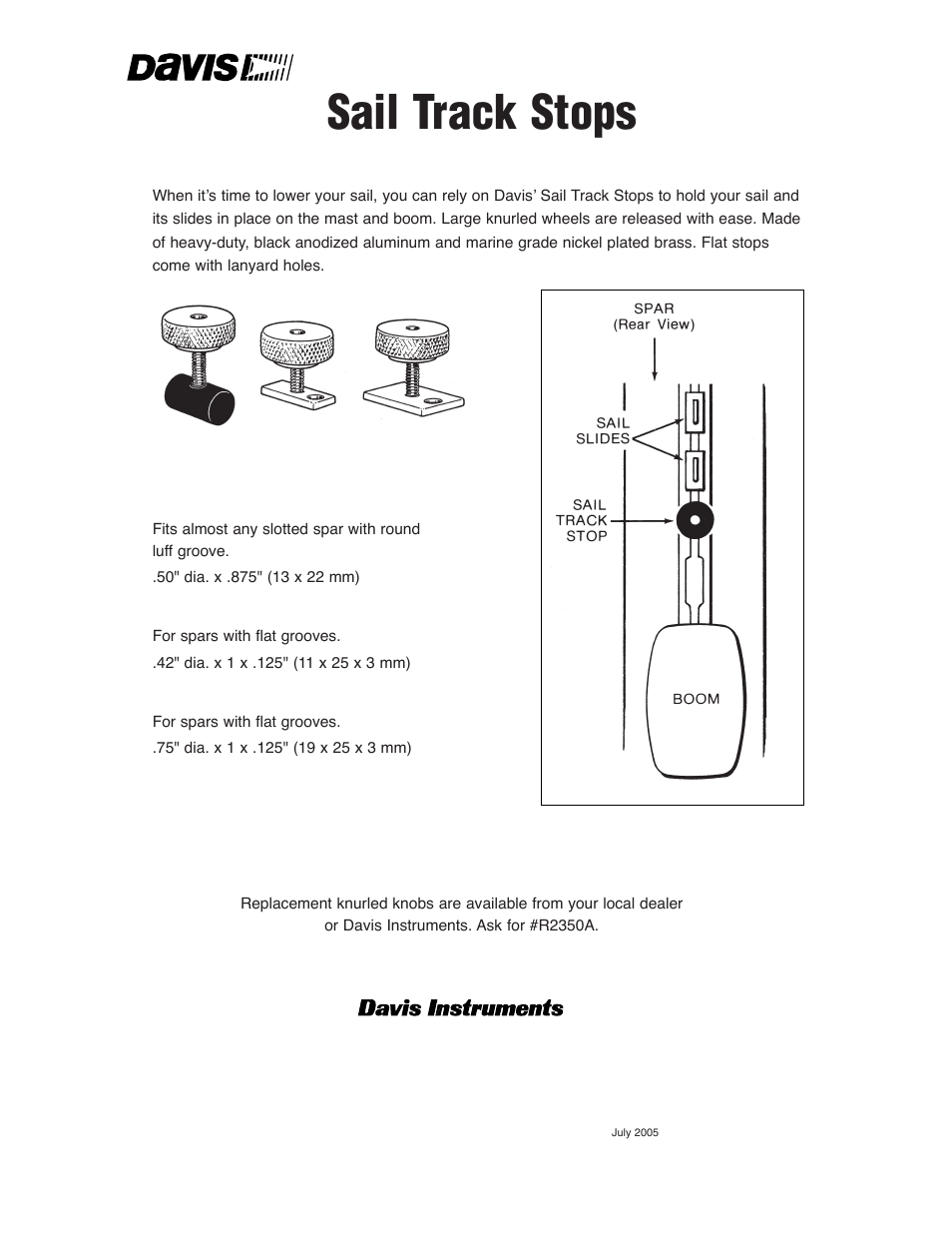 DAVIS Sail Track Stops User Manual | 1 page