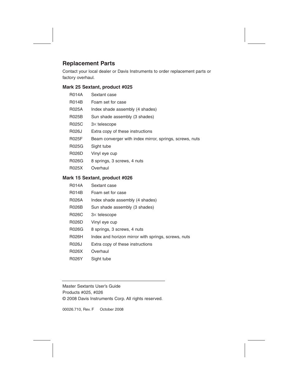Replacement parts | DAVIS Mark 15, 25 Sextant User Manual | Page 2 / 24
