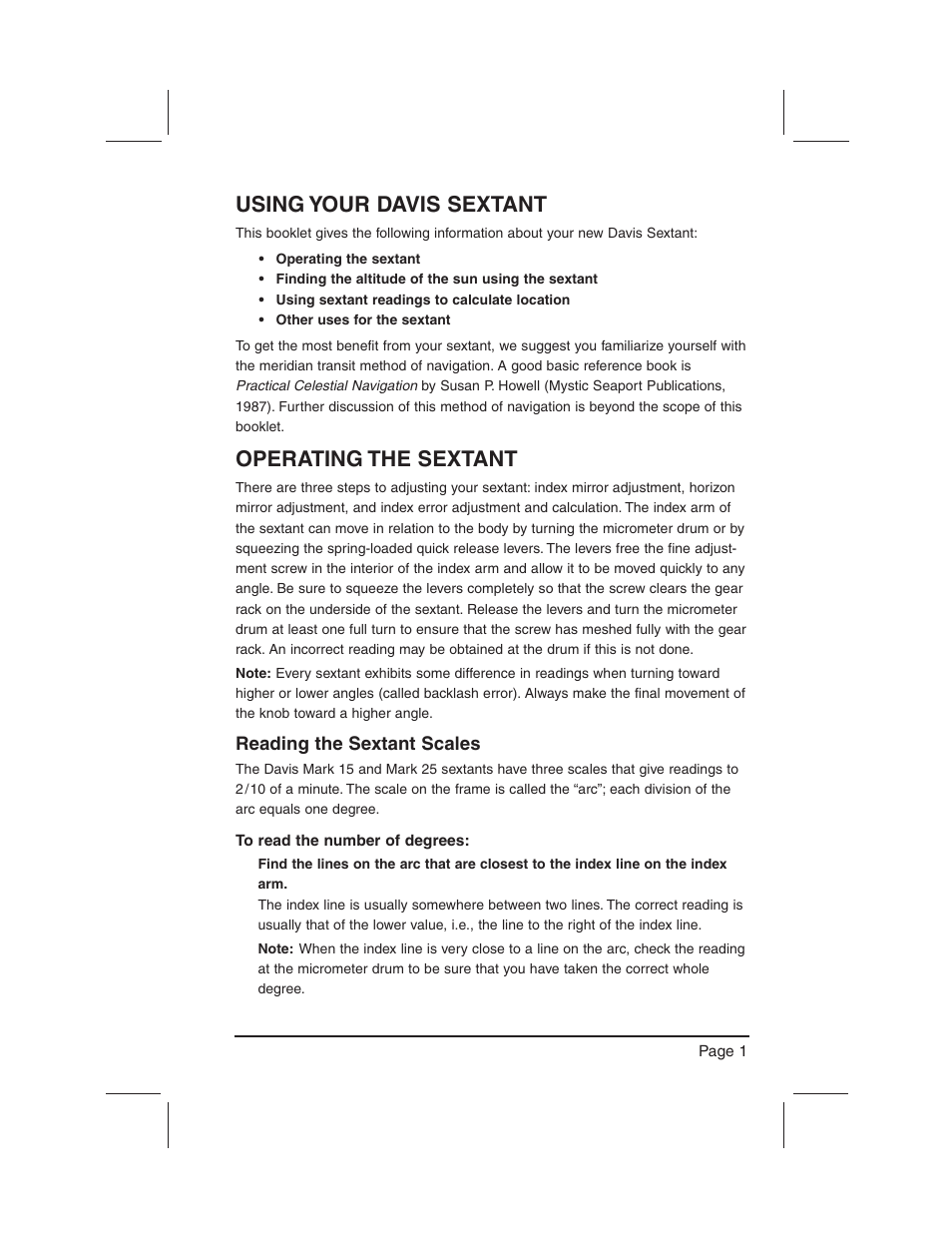 Using your davis sextant, Operating the sextant, Reading the sextant scales | DAVIS Mark 15, 25 Sextant User Manual | Page 3 / 24