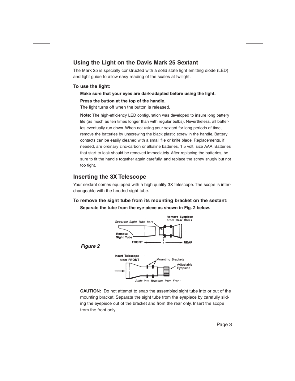 Using the light on the davis mark 25 sextant, Inserting the 3x telescope | DAVIS Mark 15, 25 Sextant User Manual | Page 5 / 24
