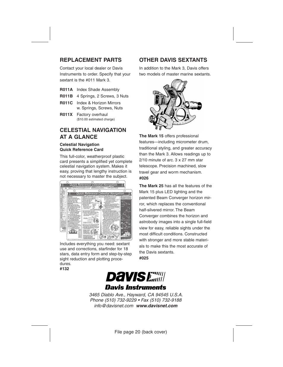 Replacement parts, Celestial navigation at a glance, Other davis sextants | DAVIS Mark 3 Sextant User Manual | Page 20 / 20