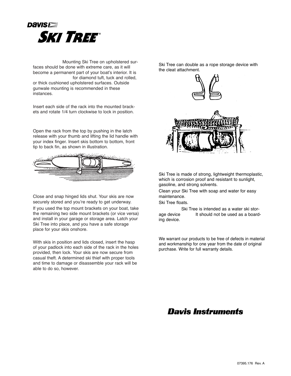 Storing your skis, The rope holder attachment, Ski tree maintenance | One-year warranty | DAVIS Ski Tree User Manual | Page 2 / 2