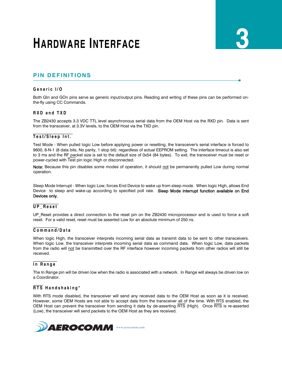 Hardware interface, Pin definitions, Generic i/o | Rxd and txd, Test/sleep int, Up_reset, Command/data, In range, Rts handshaking, Hardware interface 6 | AeroComm TRANSCEIVER ZB2430 User Manual | Page 11 / 62