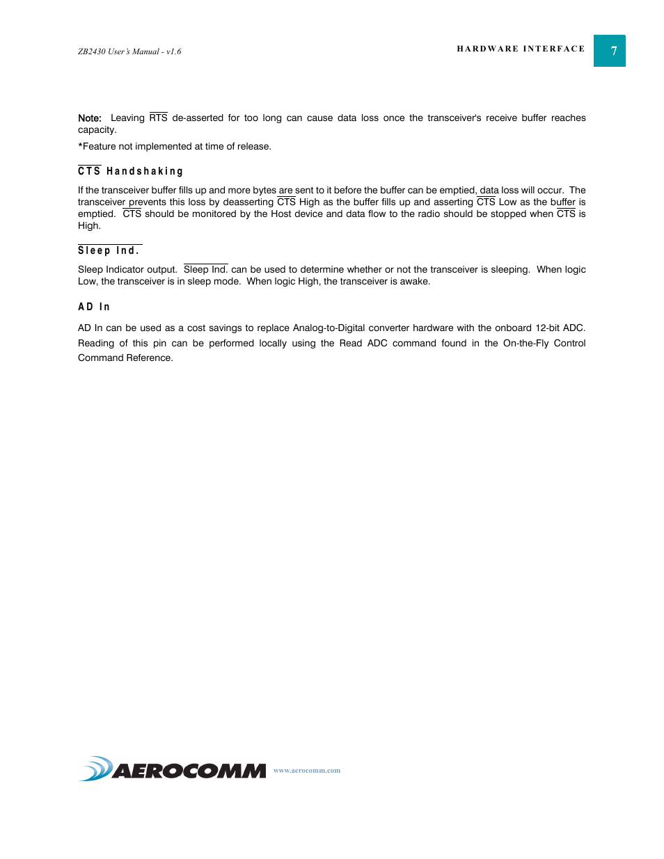Cts handshaking, Sleep ind, Ad in | Cts handshaking 7 sleep ind. 7 ad in 7 | AeroComm TRANSCEIVER ZB2430 User Manual | Page 12 / 62
