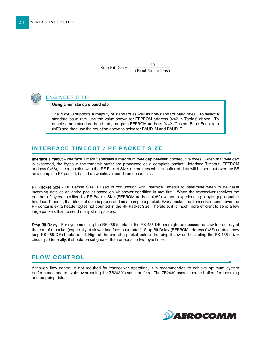 Interface timeout / rf packet size, Flow control | AeroComm TRANSCEIVER ZB2430 User Manual | Page 27 / 62