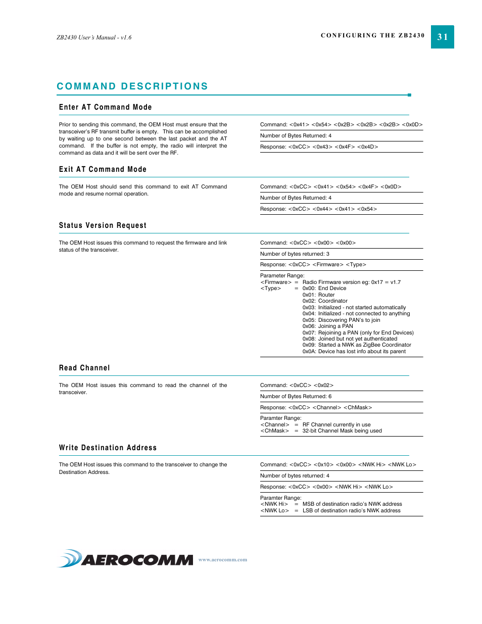 Command descriptions, Command descriptions 31 | AeroComm TRANSCEIVER ZB2430 User Manual | Page 36 / 62