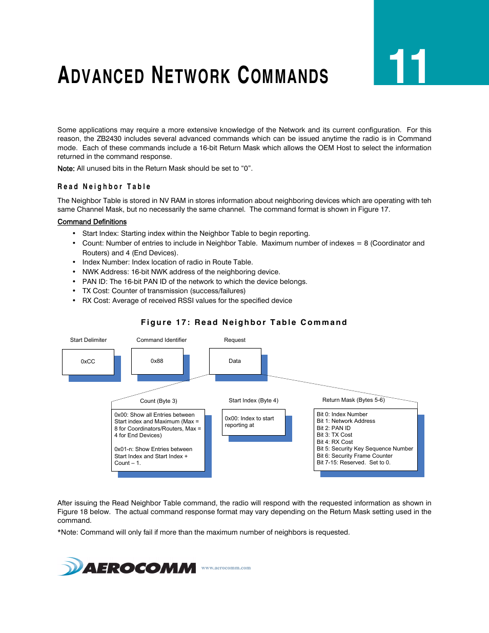 Advanced network commands, Read neighbor table, Advanced network commands 45 | Read neighbor table 45, Dvanced, Etwork, Ommands | AeroComm TRANSCEIVER ZB2430 User Manual | Page 50 / 62