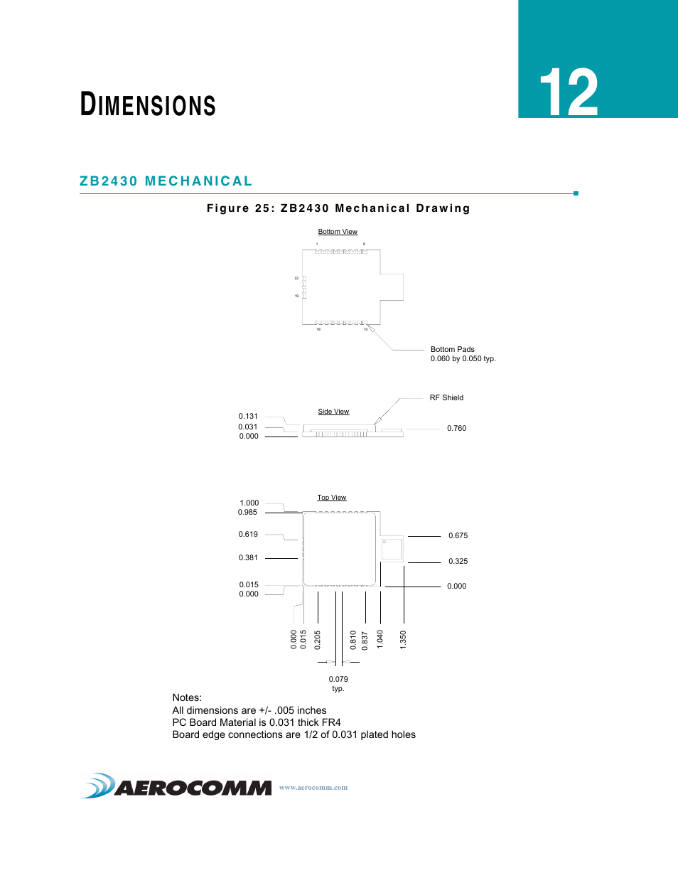 Dimensions, Zb2430 mechanical, Dimensions 53 | Zb2430 mechanical 53, Imensions | AeroComm TRANSCEIVER ZB2430 User Manual | Page 58 / 62