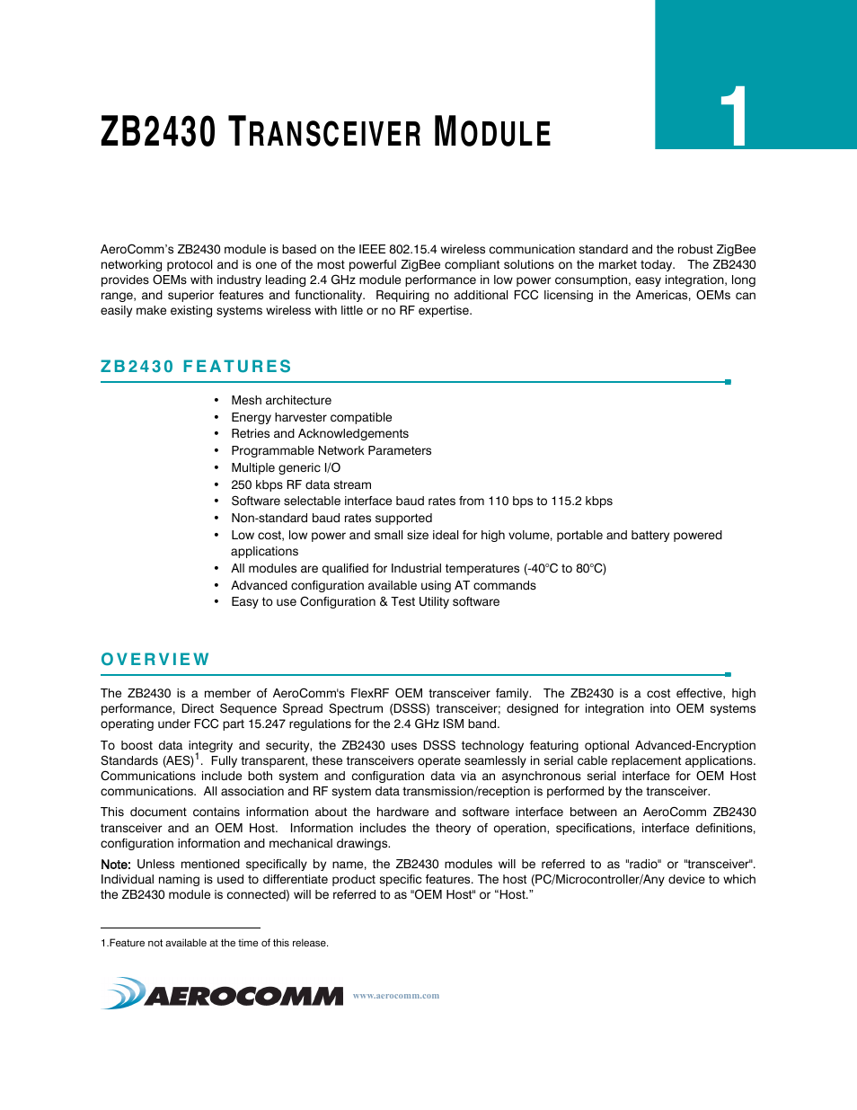Zb2430 transceiver module, Zb2430 features, Overview | Zb2430 transceiver module 1, Zb2430 features 1 overview 1, Zb2430 t, Ransceiver, Odule | AeroComm TRANSCEIVER ZB2430 User Manual | Page 6 / 62
