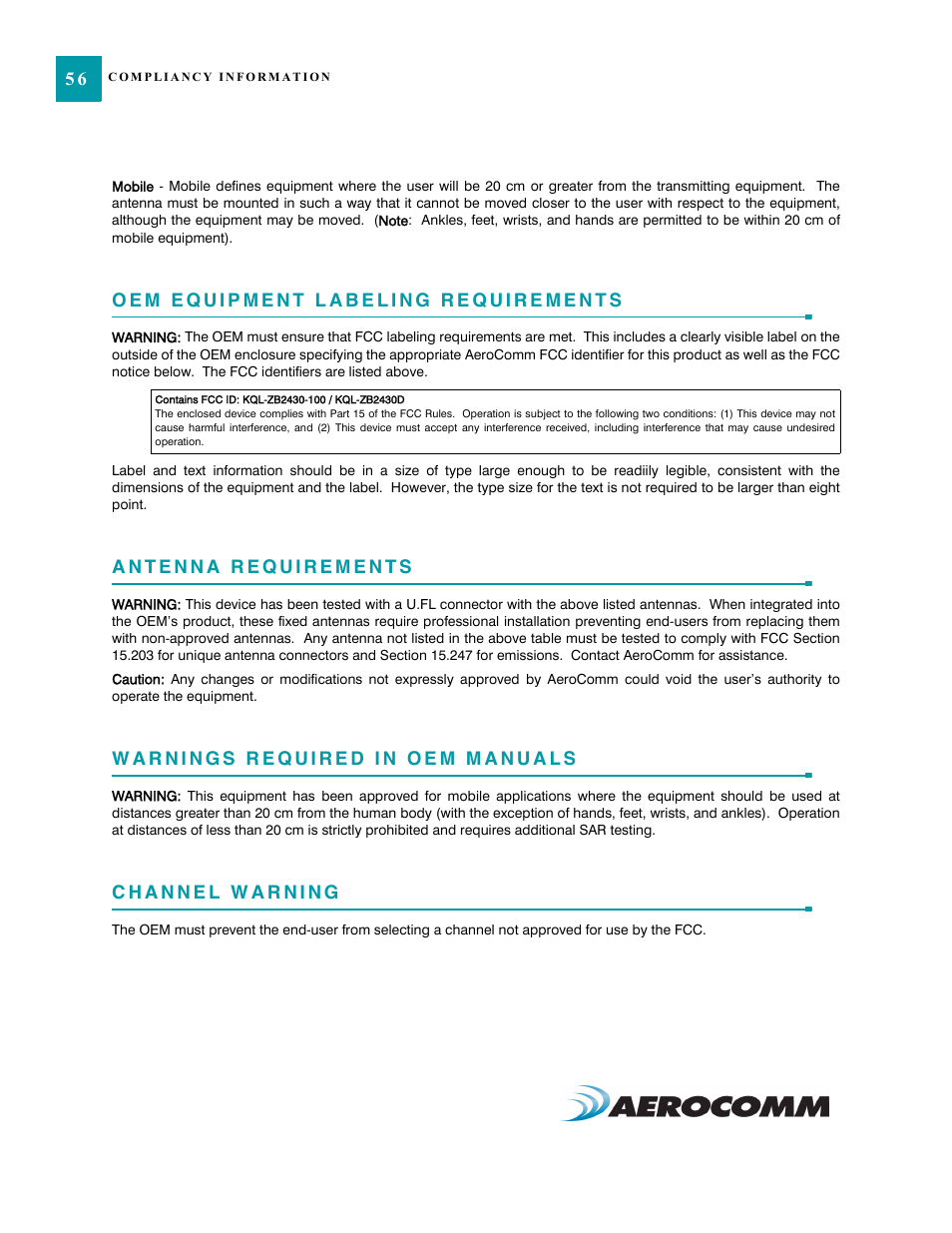 Oem equipment labeling requirements, Antenna requirements, Warnings required in oem manuals | Channel warning | AeroComm TRANSCEIVER ZB2430 User Manual | Page 61 / 62