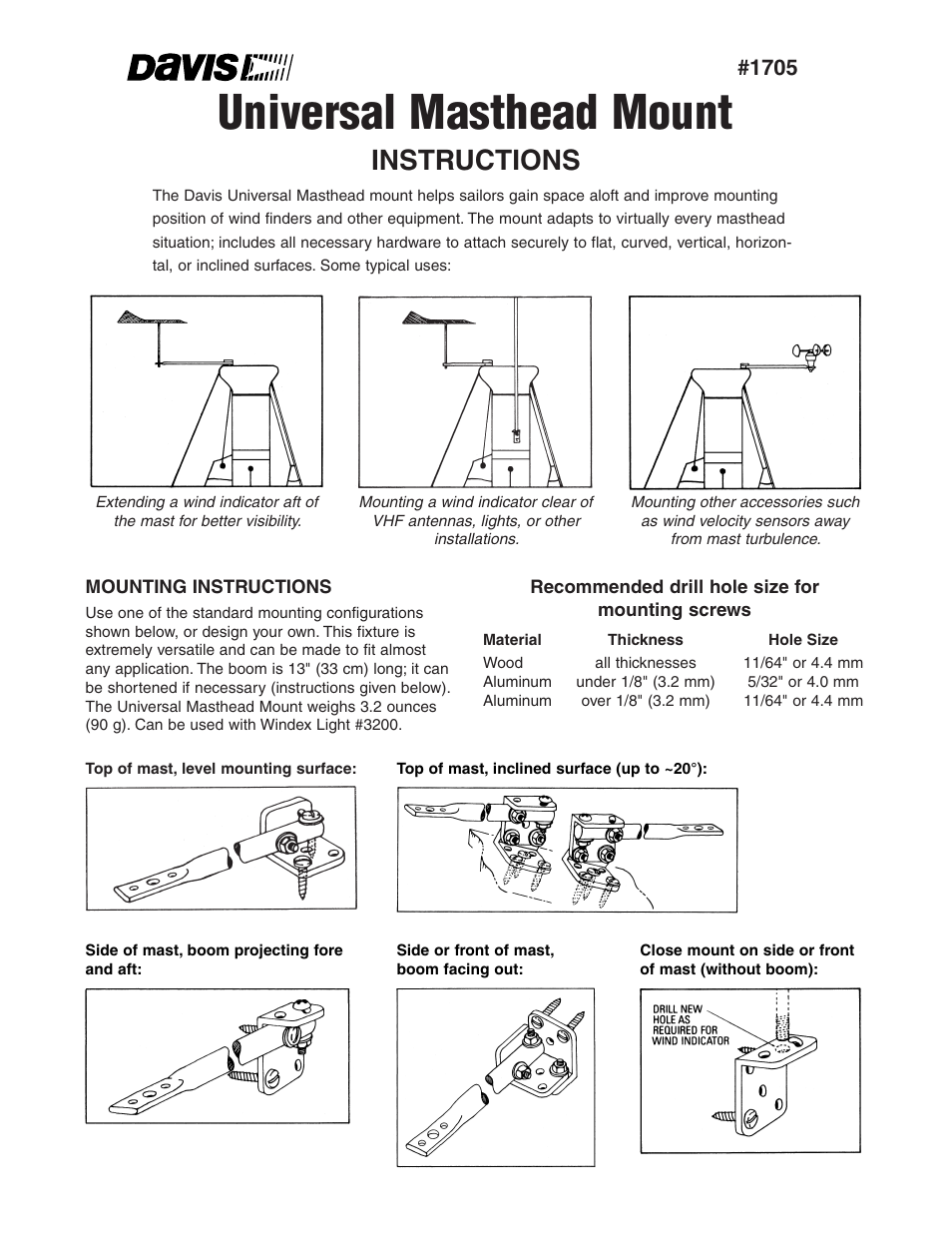 DAVIS Universal Masthead mount User Manual | 2 pages
