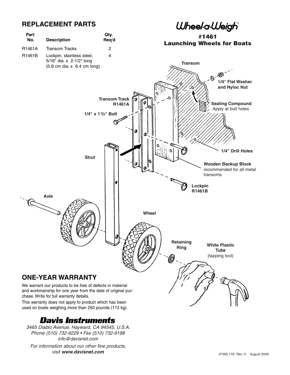 Replacement parts, One-year warranty, 1461 launching wheels for boats | DAVIS Wheel-a-Weigh: Launching Wheels for Boats User Manual | Page 2 / 2