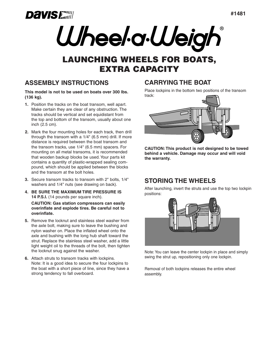 DAVIS Wheel-a-Weigh: Launching Wheels for Boats, Extra Capacity User Manual | 2 pages