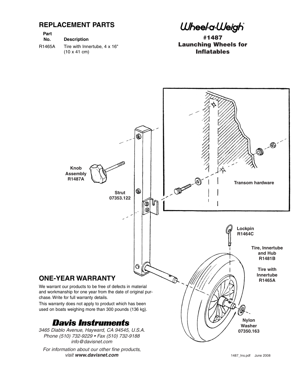 Replacement parts, One-year warranty | DAVIS Wheel-a-Weigh: Launching Wheels for Inflatables User Manual | Page 2 / 2