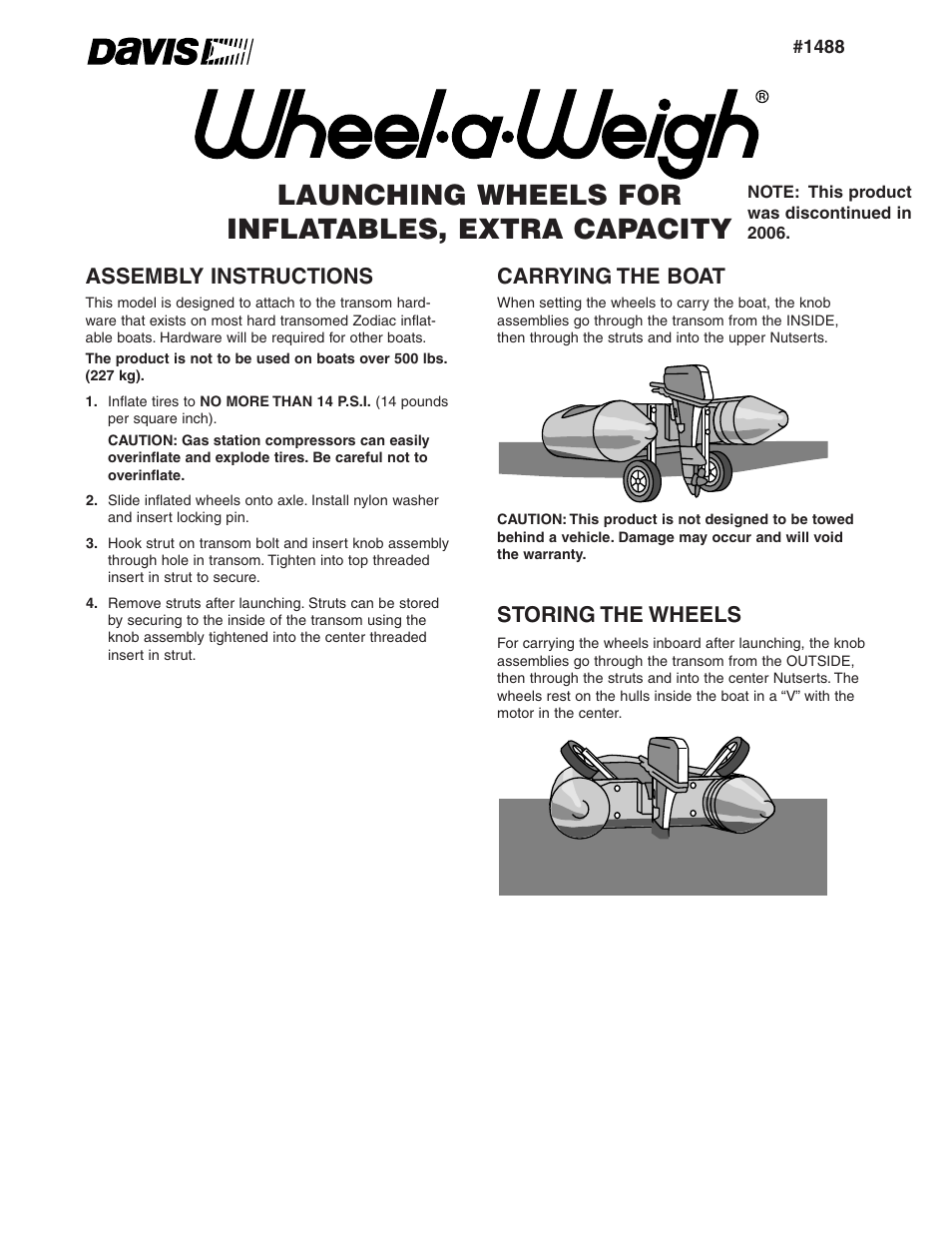 DAVIS Wheel-a-Weigh: Launching Wheels for Inflatables, Extra Capacity User Manual | 2 pages