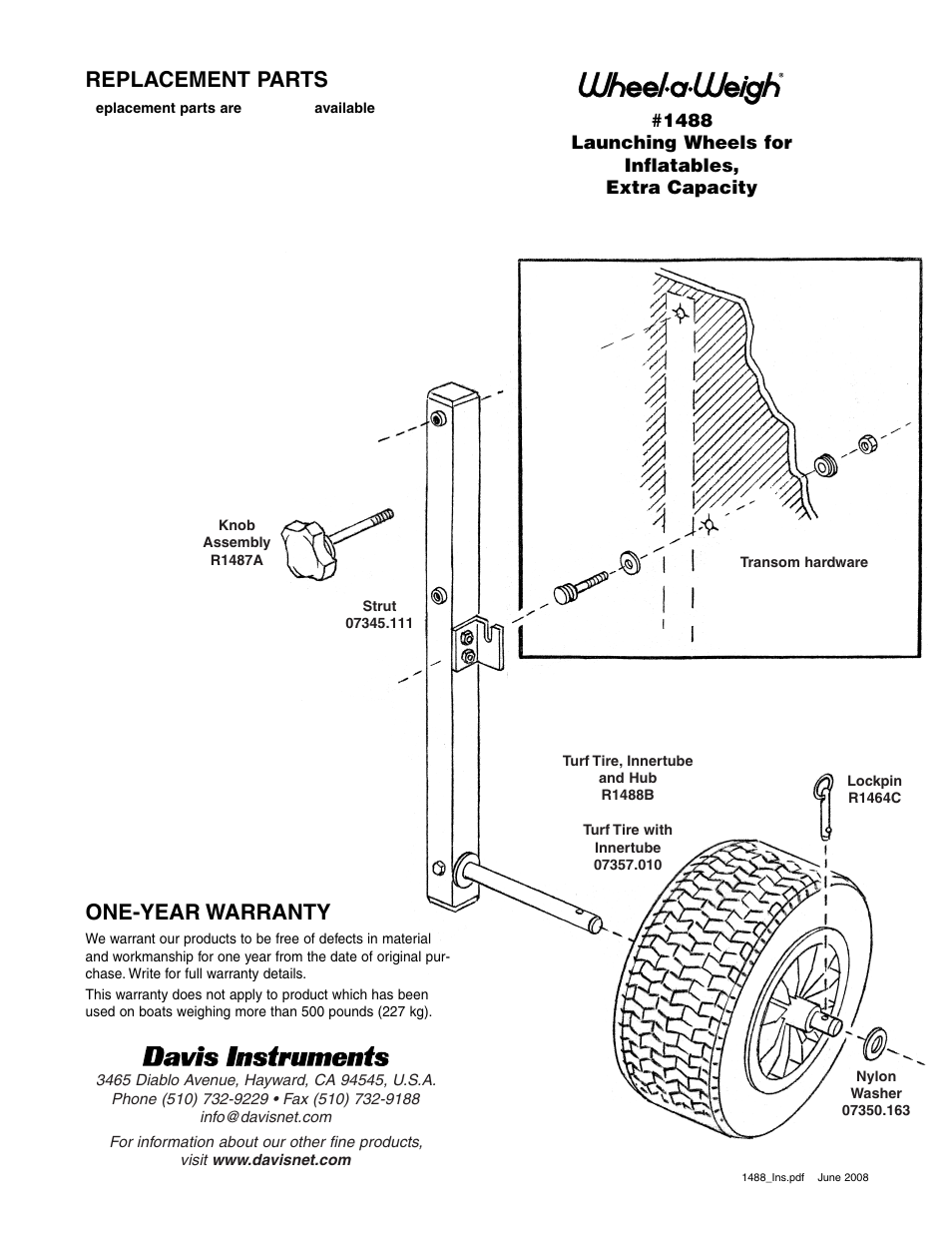 Replacement parts, One-year warranty | DAVIS Wheel-a-Weigh: Launching Wheels for Inflatables, Extra Capacity User Manual | Page 2 / 2