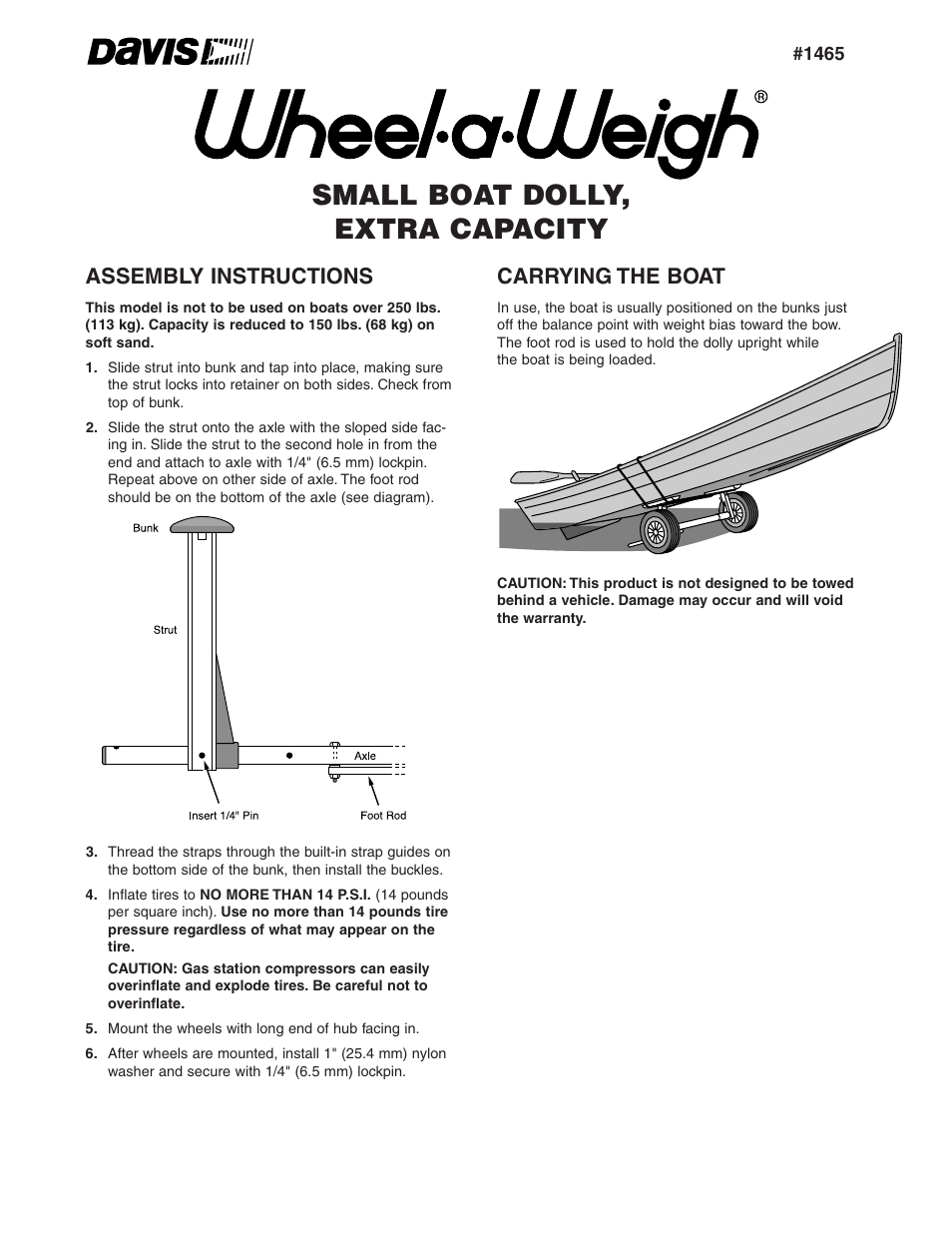 DAVIS Wheel-a-Weigh: Small Boat Dolly, Extra Capacity User Manual | 2 pages