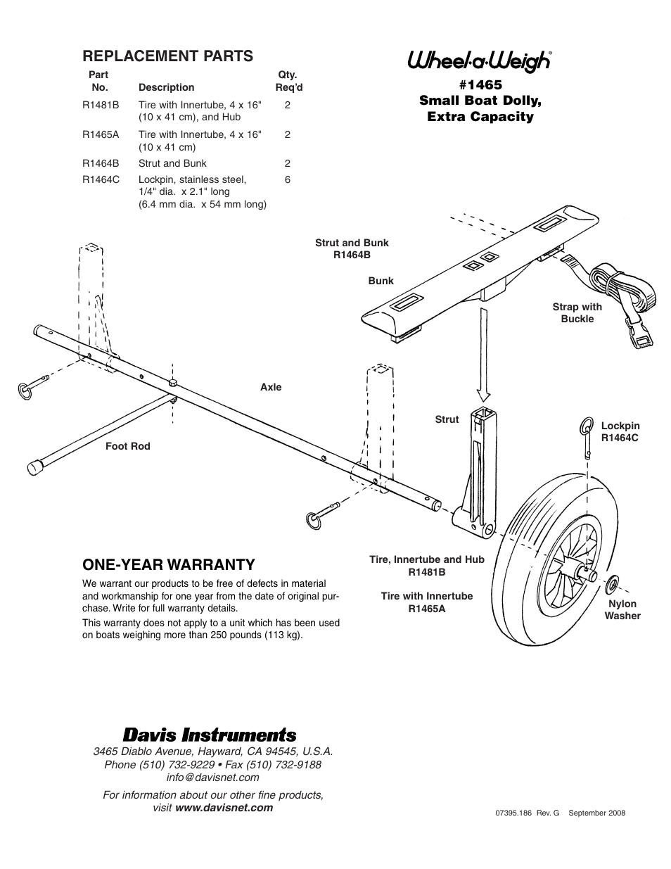 One-year warranty, Replacement parts | DAVIS Wheel-a-Weigh: Small Boat Dolly, Extra Capacity User Manual | Page 2 / 2