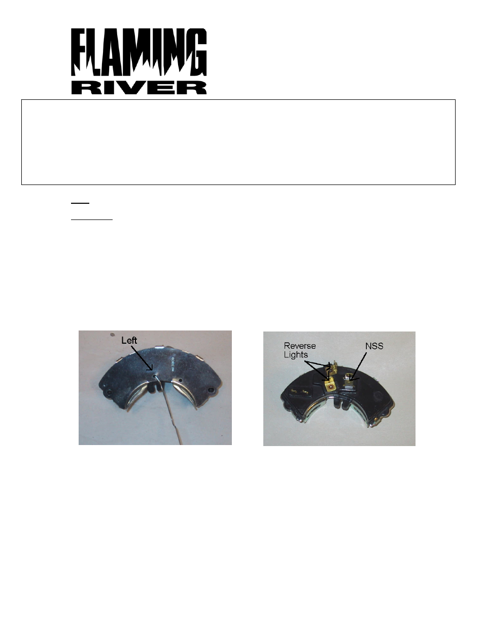 Flaming River Neutral Safety Switch User Manual | 1 page