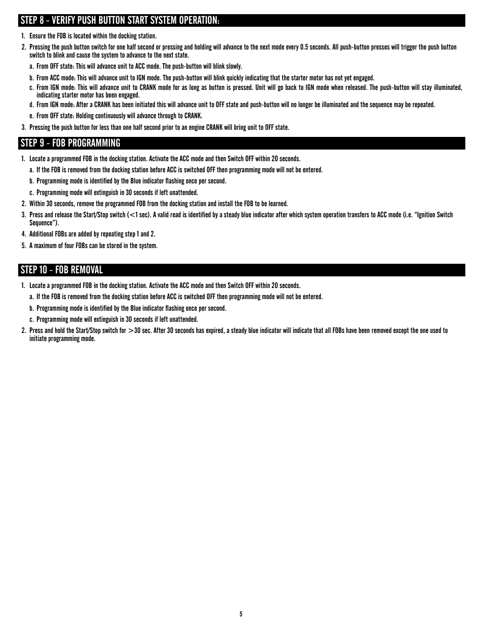 Step 8 - verify push button start system operation, Step 9 - fob programming, Step 10 - fob removal | Flaming River Keyless Ignition Systems User Manual | Page 5 / 11