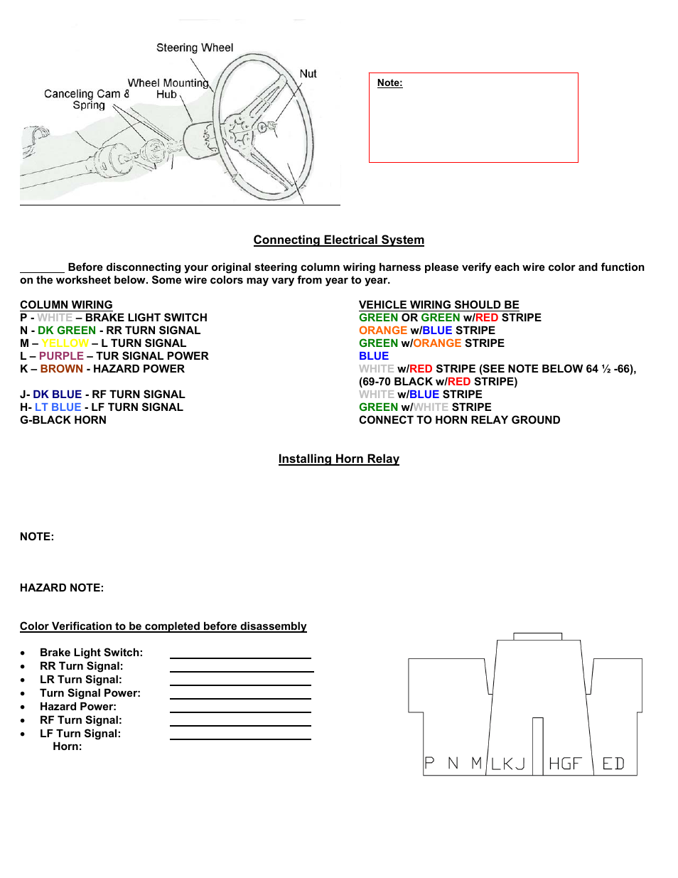 Connecting electrical system, Column wiring, K – brown - hazard power | Flaming River Mustang Rack & Pinion Cradle Kits 1965-70 User Manual | Page 7 / 12