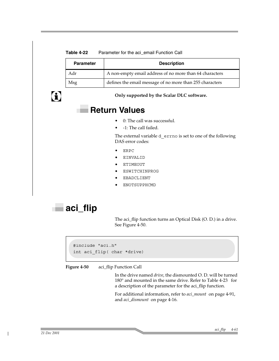 Return values, Aci_flip, Return values -61 | Aci_flip -61, Figure 4-50, Table 4-22, Para | ADIC Server User Manual | Page 103 / 218