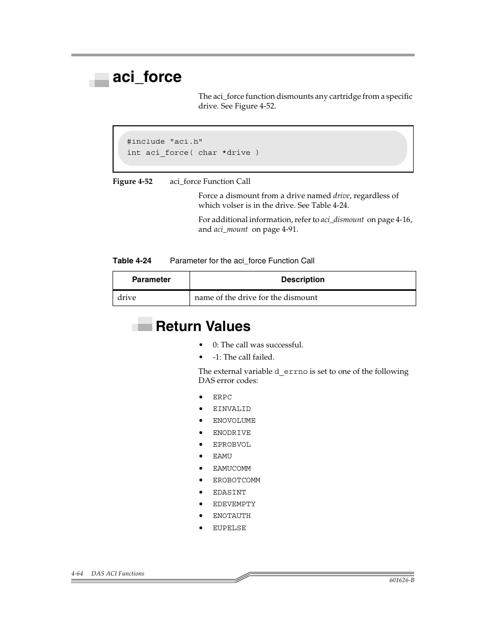 Aci_force, Return values, Aci_force -64 | Return values -64, Figure 4-52, Table 4-24, Para | ADIC Server User Manual | Page 106 / 218