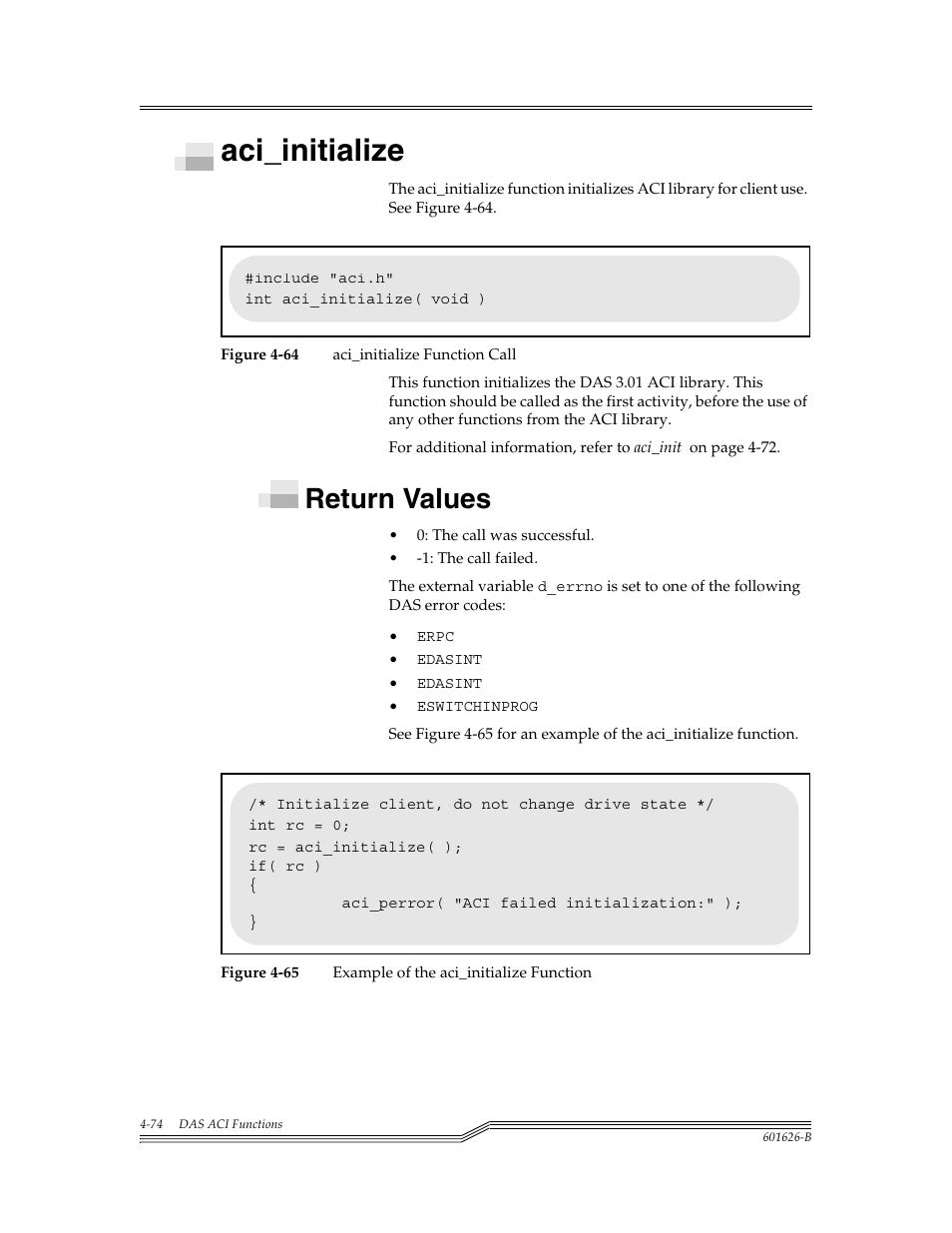 Aci_initialize, Return values, Aci_initialize -74 | Return values -74, Figure 4-64, Figure 4-65 | ADIC Server User Manual | Page 116 / 218