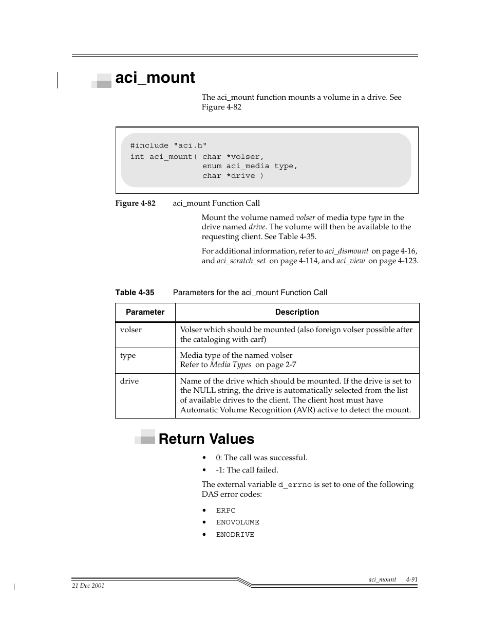 Aci_mount, Return values, Aci_mount -91 | Return values -91, Figure 4-82, Table 4-35, Para | ADIC Server User Manual | Page 133 / 218