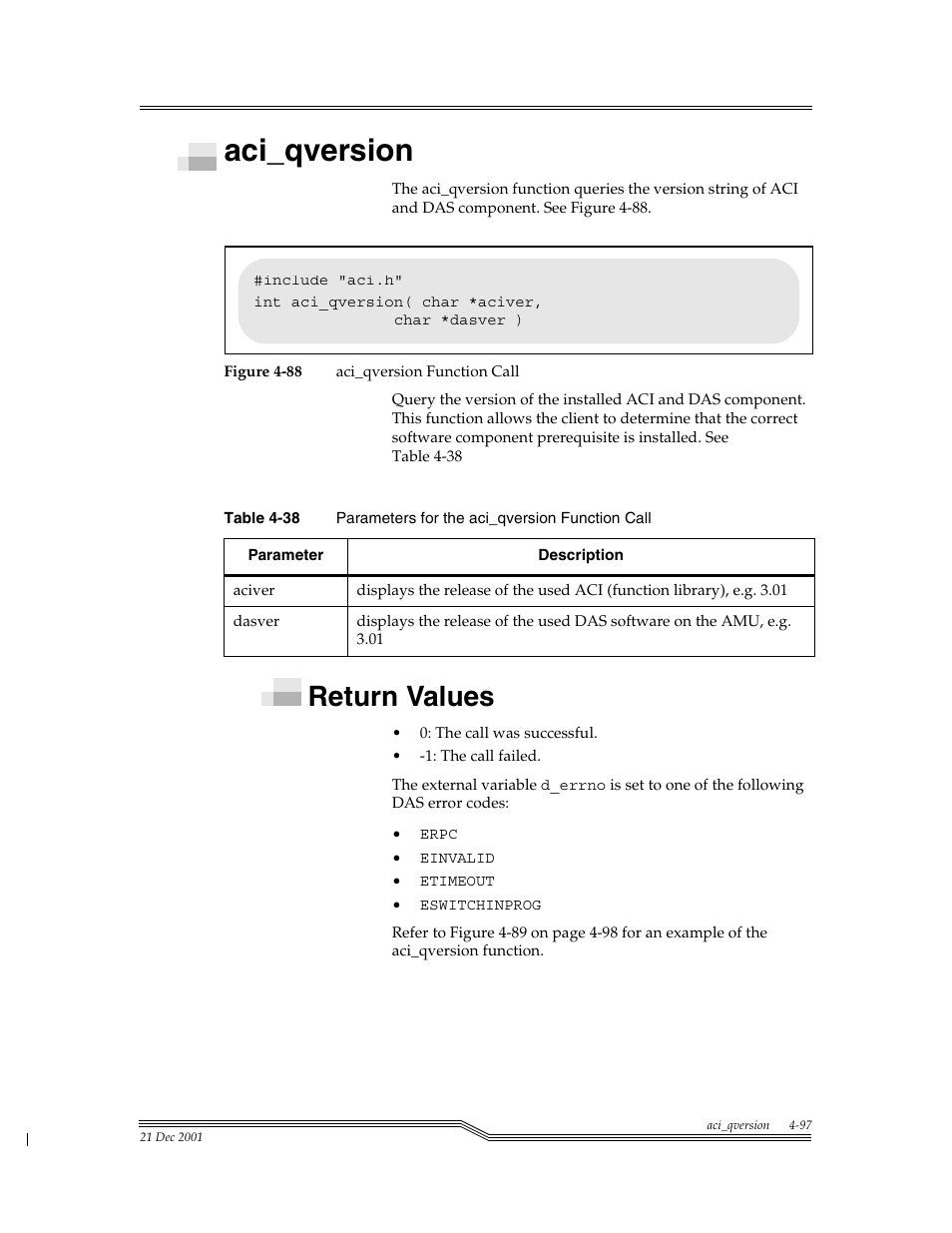 Aci_qversion, Return values, Aci_qversion -97 | Return values -97, Figure 4-88, Table 4-38, Para | ADIC Server User Manual | Page 139 / 218