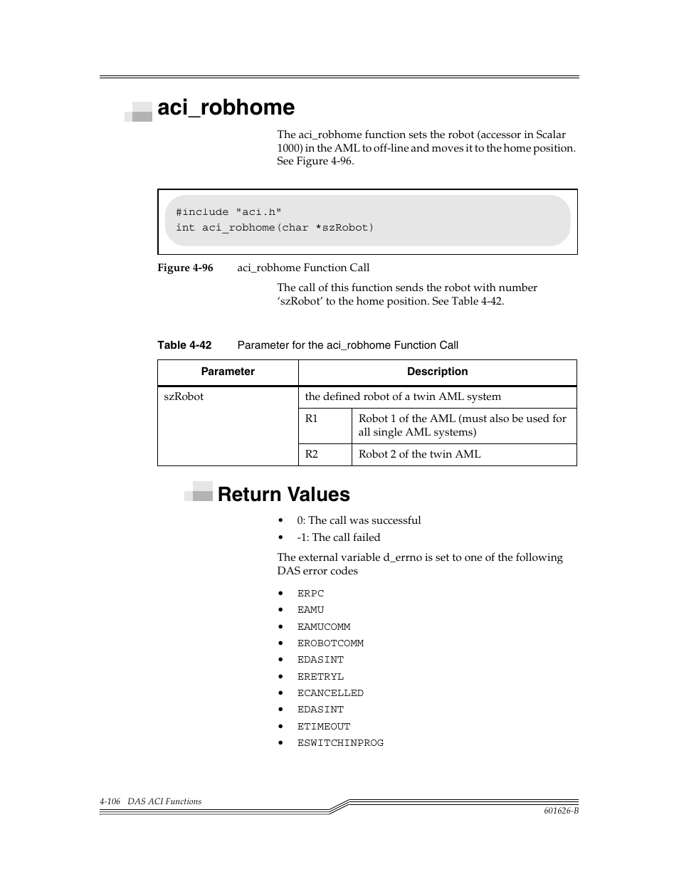 Aci_robhome, Return values, Aci_robhome -106 | Return values -106, Figure 4-96, Table 4-42, Para | ADIC Server User Manual | Page 148 / 218