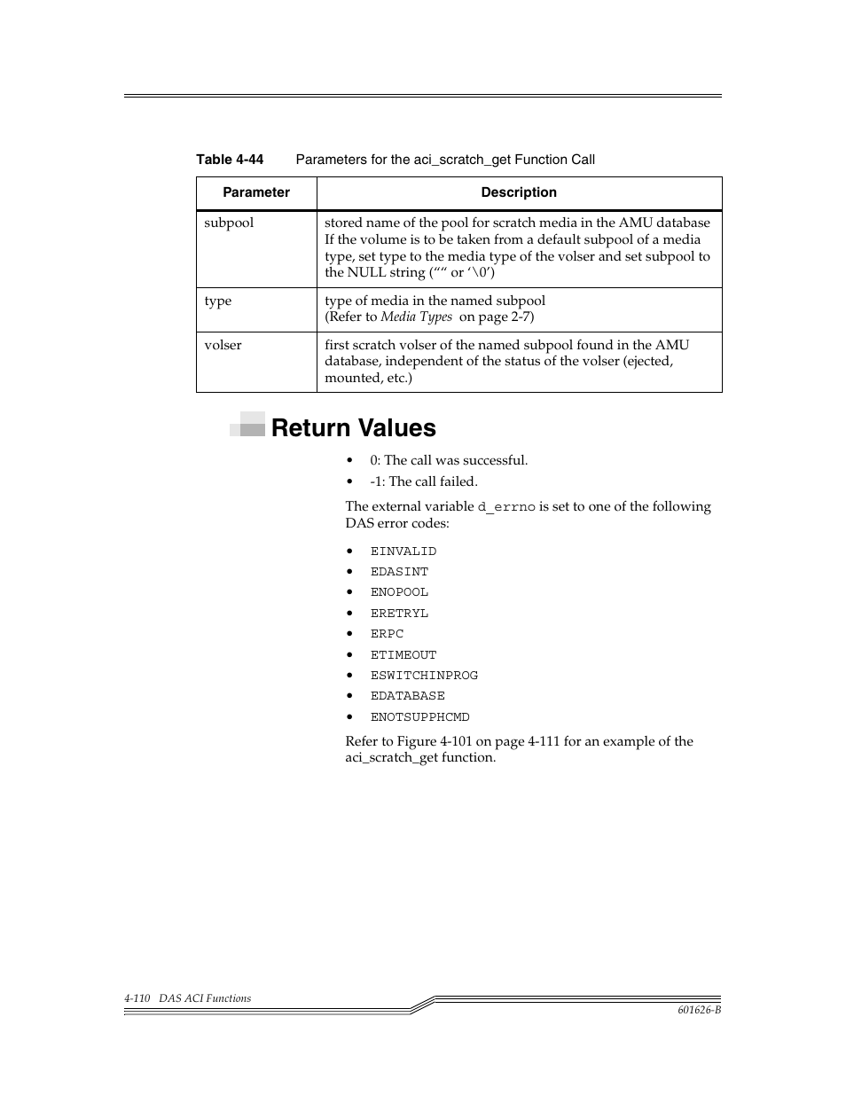Return values, Return values -110, Table 4-44 | Para | ADIC Server User Manual | Page 152 / 218