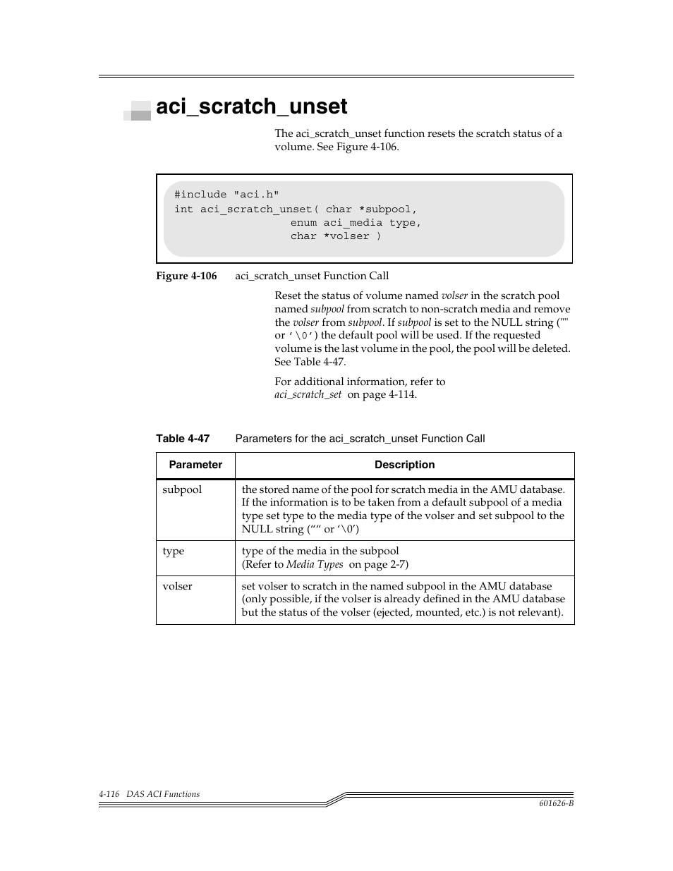 Aci_scratch_unset, Aci_scratch_unset -116, Figure 4-106 | Table 4-47, Para | ADIC Server User Manual | Page 158 / 218