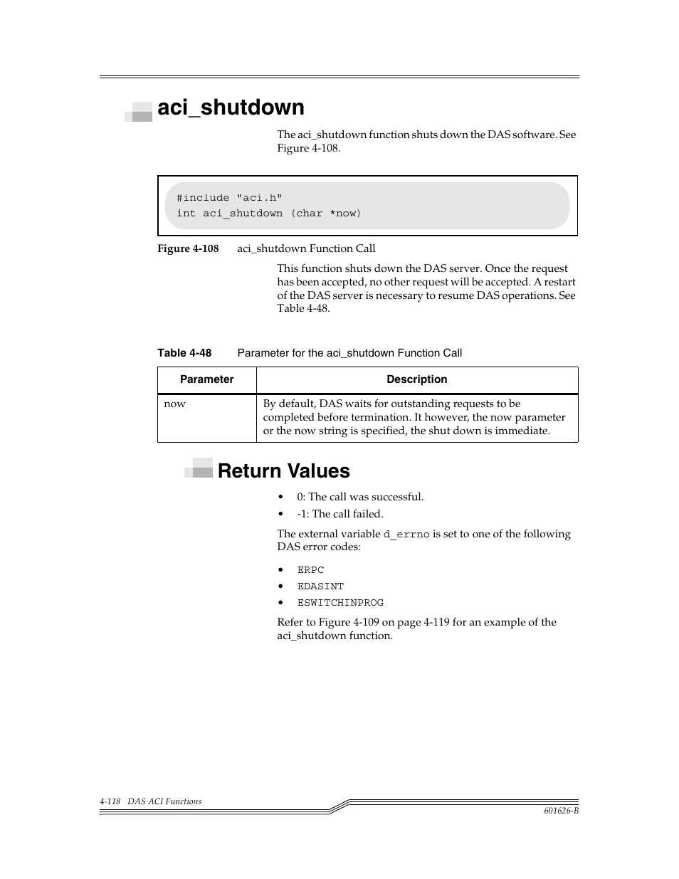 Aci_shutdown, Return values, Aci_shutdown -118 | Return values -118, Figure 4-108, Table 4-48, Para | ADIC Server User Manual | Page 160 / 218