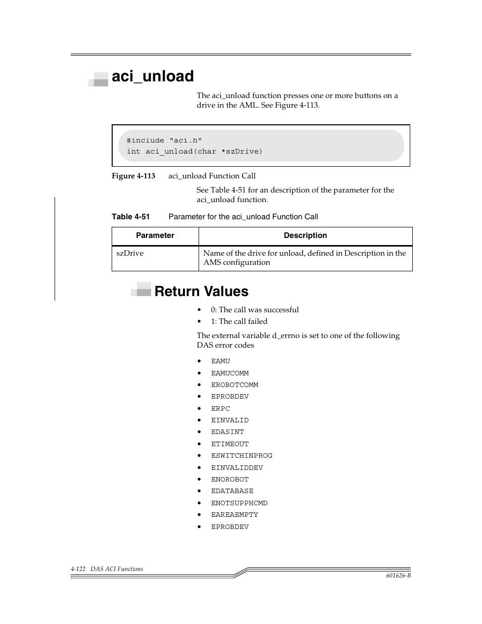 Aci_unload, Return values, Aci_unload -122 | Return values -122, Figure 4-113, Table 4-51, Para | ADIC Server User Manual | Page 164 / 218