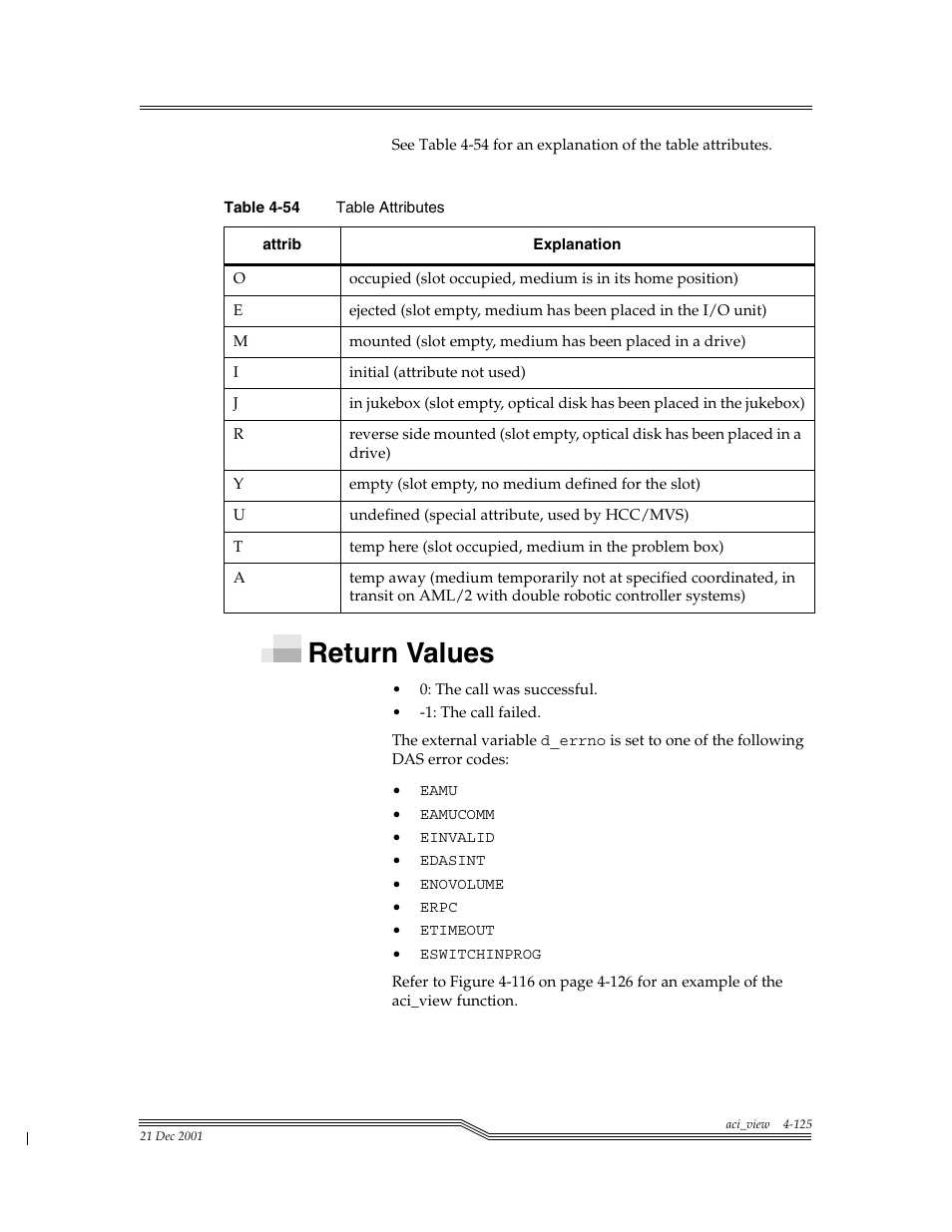 Return values, Return values -125, Table 4-54 | Table a | ADIC Server User Manual | Page 167 / 218