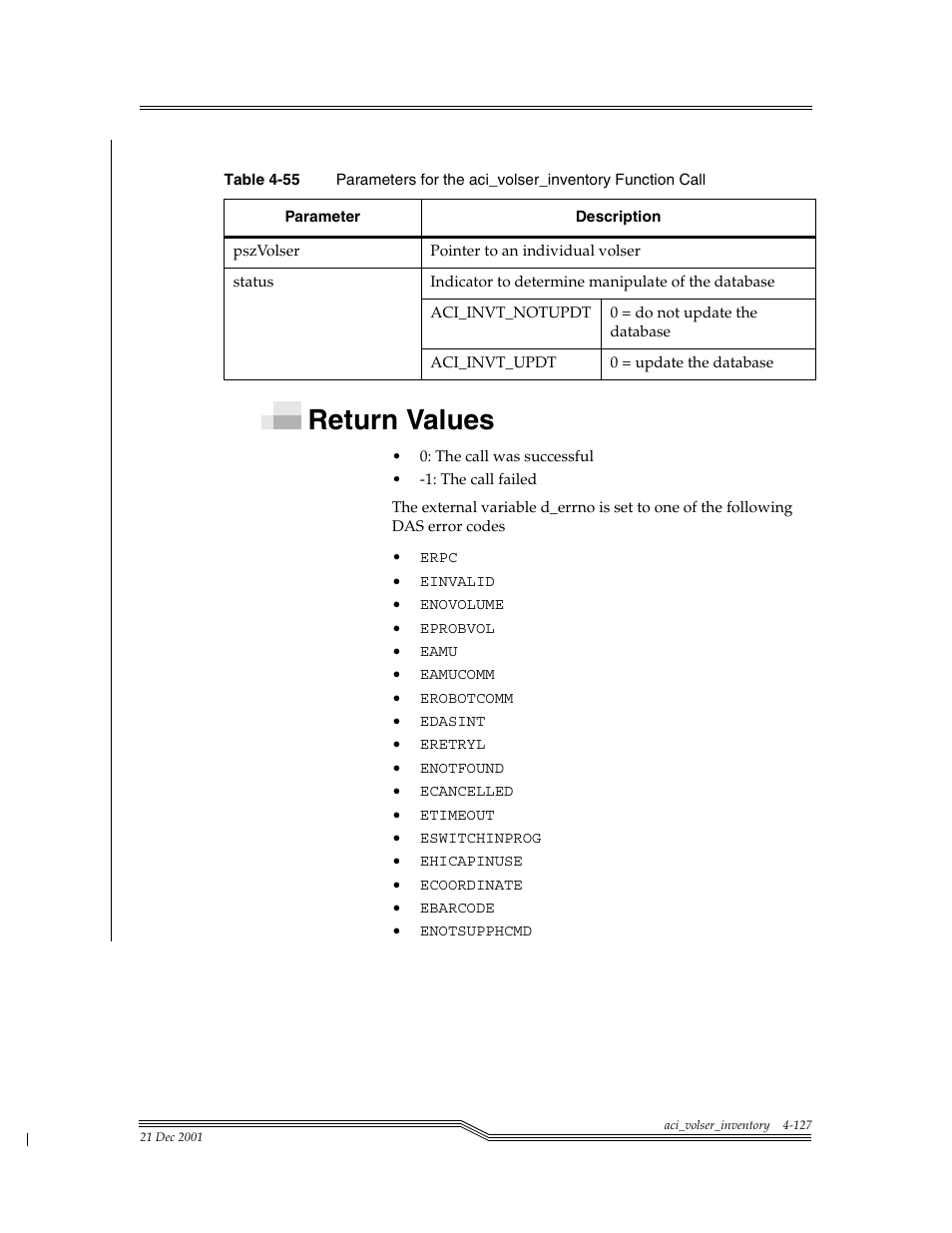 Return values, Return values -127, Table 4-55 | Para | ADIC Server User Manual | Page 169 / 218