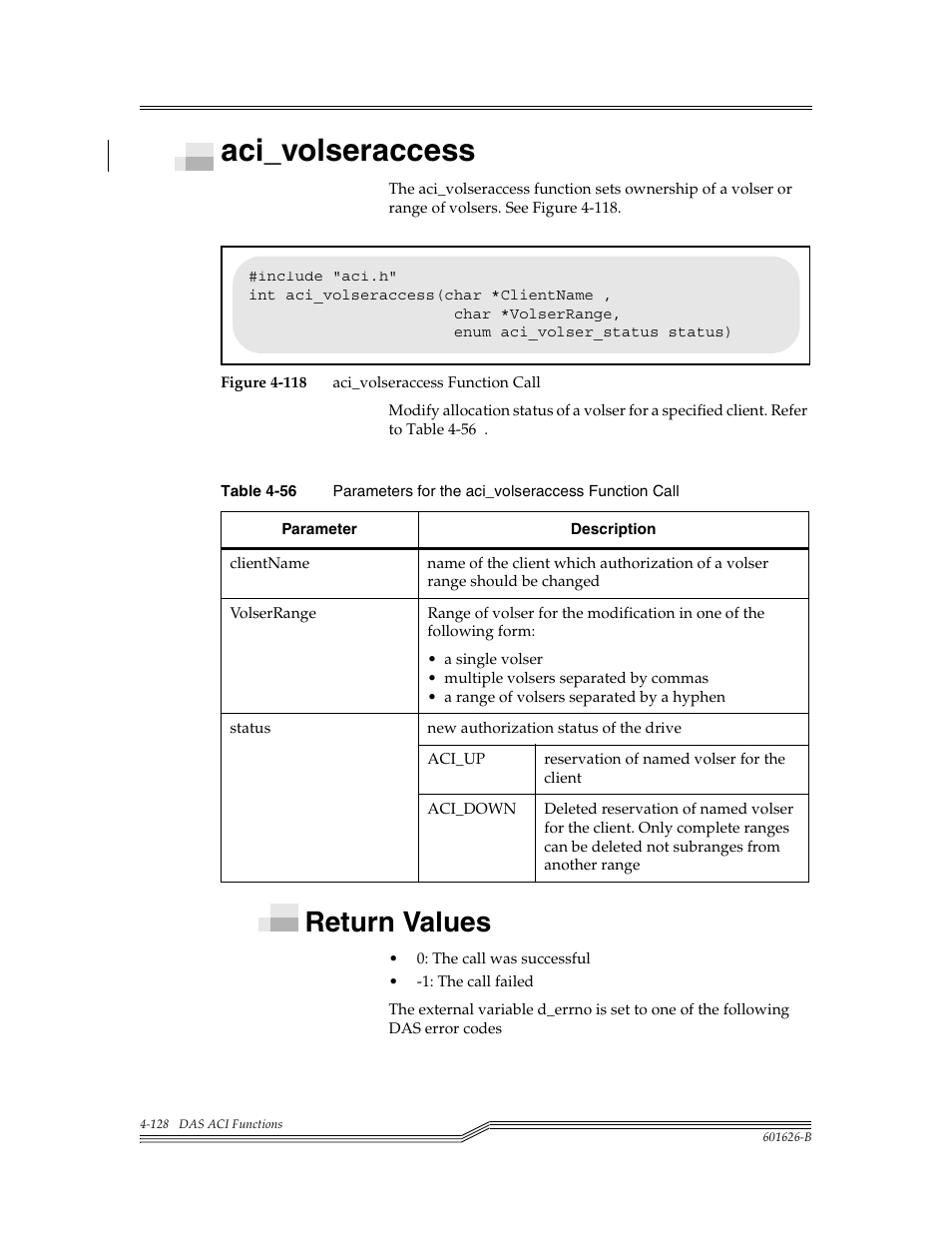 Aci_volseraccess, Return values, Aci_volseraccess -128 | Return values -128, Figure 4-118, Table 4-56, Para | ADIC Server User Manual | Page 170 / 218