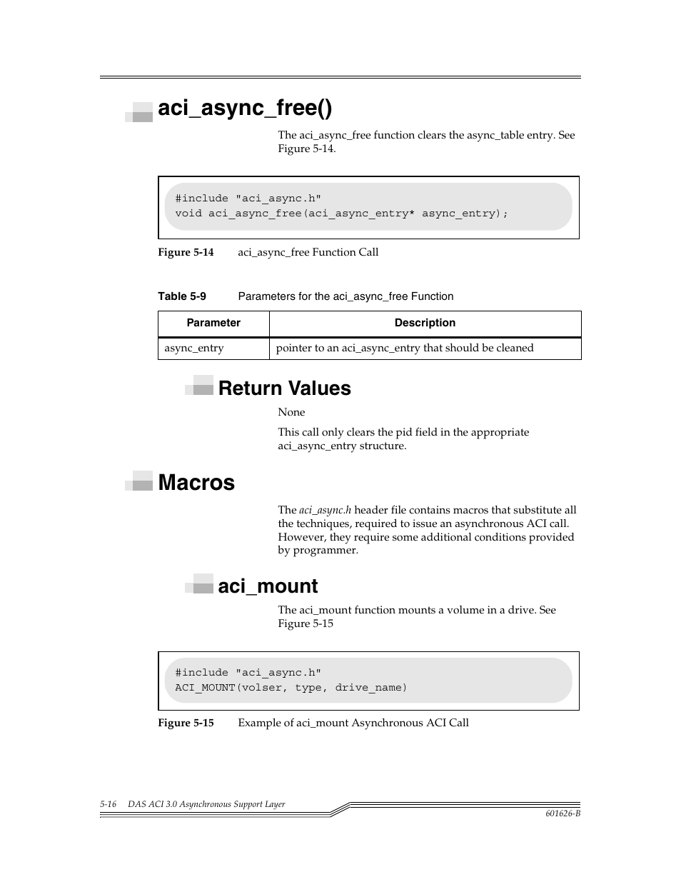 Aci_async_free(), Return values, Macros | Aci_mount, Aci_async_free() -16, Return values -16, Macros -16, Aci_mount -16, Figure 5-14, Figure 5-15 | ADIC Server User Manual | Page 188 / 218